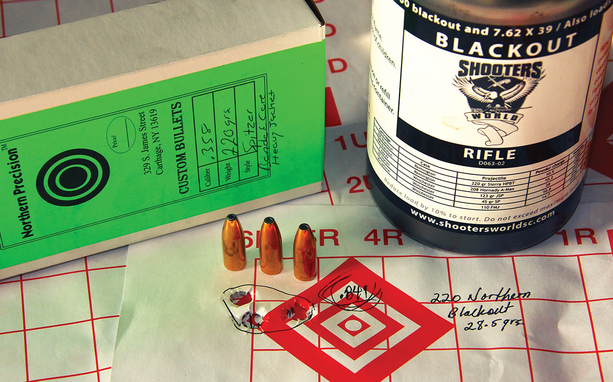 Northern Precision’s 220-grain bonded-core/heavy-jacket Spitzer did best with 28.5 grains of Shooters World Blackout. That group measured .84-inch at 2,141 fps.